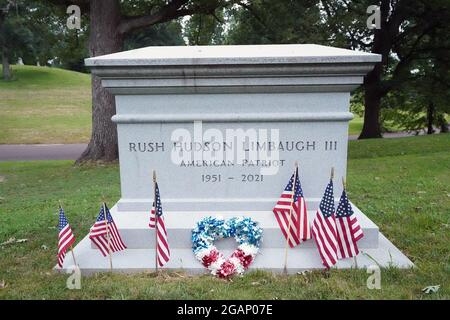 St. Louis, United States. 31st July, 2021. The headstone for the gravesite of radio host Rush Limbaugh has finally been completed at Bellefontaine Cemetery in St. Louis on Saturday, July 31, 2021. Limbaugh died on February 17 at the age of 70. Photo by Bill Greenblatt/UPI Credit: UPI/Alamy Live News Stock Photo