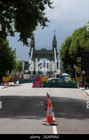 Hammersmith Bridge, under repair but open to cyclists and pedestrians, Hammersmith West London, UK Stock Photo