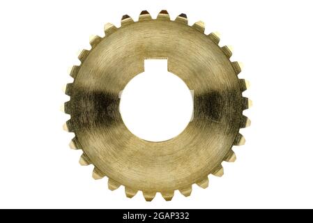 A macro photo of a new shiny copper gear, isolated on a white background, profile view. Stock Photo