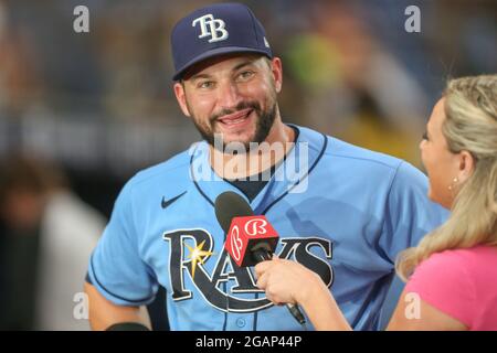 St. Petersburg, FL. USA; Tampa Bay Rays right fielder Brett Phillips (35)  was all smiles while being interviewed by Bally's Sports reporter Tricia Wh  Stock Photo - Alamy