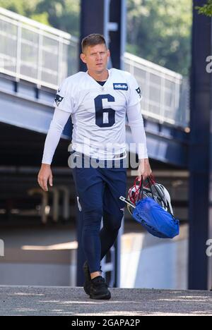 Gillette Stadium. 31st July, 2021. MA, USA; New England Patriots kicker Nick Folk (6) walks to the practice field during training camp at Gillette Stadium. Anthony Nesmith/CSM/Alamy Live News Stock Photo