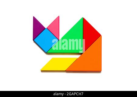 Color tangram puzzle in cat shape on white background Stock Photo