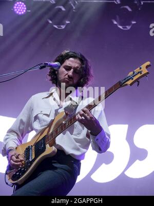 Lulworth, UK. 31st July, 2021. Charlie Salt, bass player of British indie pop band Blossoms, BBC's Sound of New Music list in 2016, and Mercury Music Prize nominees playing on stage at Camp Bestival Festival, Lulworth, Dorset UK. Credit: SOPA Images Limited/Alamy Live News Stock Photo