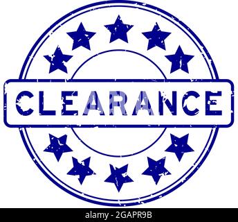 Grunge blue clearance word with star icon round rubber seal stamp on white background Stock Vector