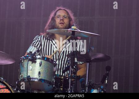 Lulworth, UK. 31st July, 2021. Joe Donovan drummer with British indie pop band Blossoms, BBC's Sound of New Music list in 2016, and Mercury Music Prize nominees playing on stage at Camp Bestival Festival, Lulworth, Dorset UK. (Photo by Dawn Fletcher-Park/SOPA Images/Sipa USA) Credit: Sipa USA/Alamy Live News Stock Photo