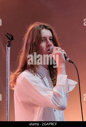 Lulworth, UK. 31st July, 2021. Lead singer and guitarist Tom Ogden with British indie pop band Blossoms BBC's Sound of New Music list in 2016, and Mercury Music Prize nominees playing on stage at Camp Bestival Festival, Lulworth, Dorset UK. (Photo by Dawn Fletcher-Park/SOPA Images/Sipa USA) Credit: Sipa USA/Alamy Live News Stock Photo