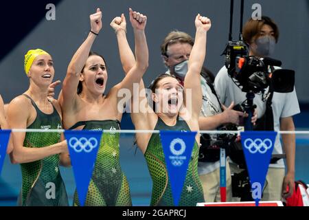 Tokyo, Japan. 01st Aug, 2021. TOKYO, JAPAN - AUGUST 1: Emma Mckeon, Kaylee Mckeown, Chelsea Hodges of Australia celebrate after competing in the women 4x100m medley relay final during the Tokyo 2020 Olympic Games at the Tokyo Aquatics Centre on July 30, 2021 in Tokyo, Japan (Photo by Giorgio Scala/Insidefoto/Deepbluemedia) Credit: insidefoto srl/Alamy Live News Stock Photo