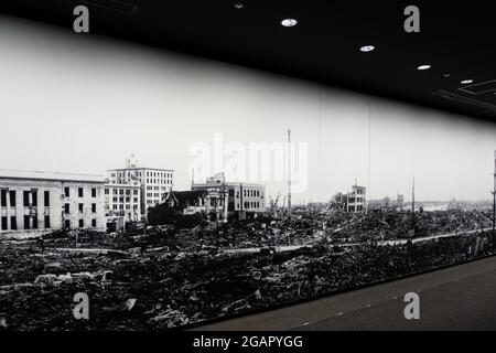 Hiroshima, Japan, 31/10/19.Photograph of destroyed Hiroshima city aftermath atomic bombing on August 6th 1945, Hiroshima Peace Memorial Museum display Stock Photo