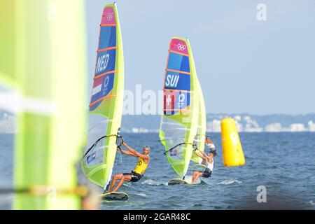 TOKYO, JAPAN - JULY 31: Kiran Badloe of the Netherlands competing on Men's Windsufer - RS:X during the Tokyo 2020 Olympic Games at the Sagami on July 31, 2021 in Tokyo, Japan (Photo by Ronald Hoogendoorn/Orange Pictures) NOCNSF Stock Photo