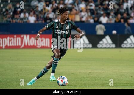 Los Angeles Galaxy forward Kevin Cabral (9) during a MLS match against the Portland Timbers, Friday, July 30, 2021, in Los Angeles, CA. The Galaxy defeated the Timbers 4-1. (Jon Endow/Image of Sport via AP) Stock Photo