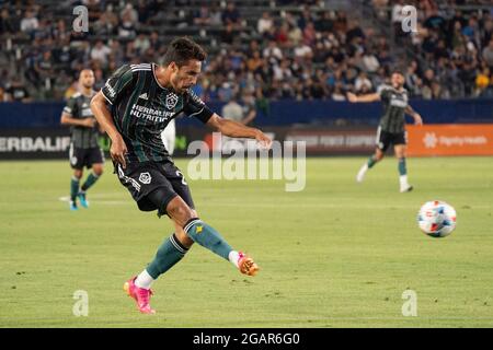 Los Angeles Galaxy forward Ethan Zubak (29) takes a shot during a MLS match against the Portland Timbers, Friday, July 30, 2021, in Los Angeles, CA. The Galaxy defeated the Timbers 4-1. (Jon Endow/Image of Sport via AP) Stock Photo