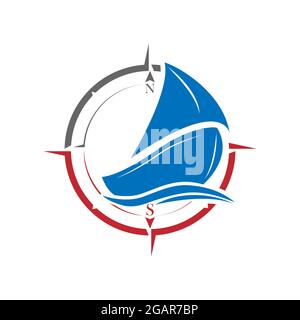 Vector icon with a sailboat and a compass for a logo, sticker or brand, for websites and applications and creative design. Flat style Stock Vector