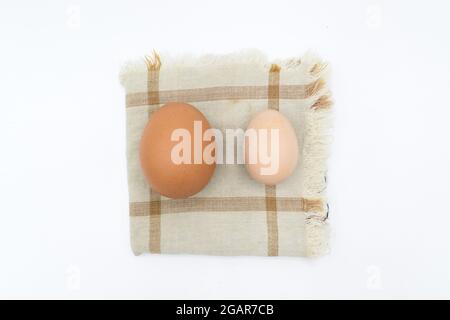 Comparing standard chicken egg and bantam egg. Isolated on white. Stock Photo
