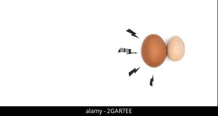 Concept of right sided scrotal swelling or testicular pain. Comparing standard chicken eggs and bantam eggs. With text space. Isolated on white. Stock Photo