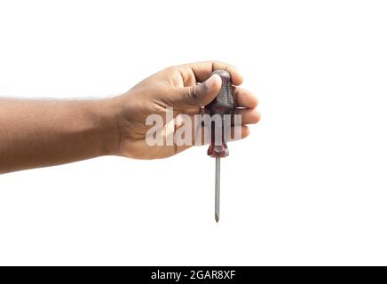 Old screwdriver holding with a male hand on isolated white background Stock Photo