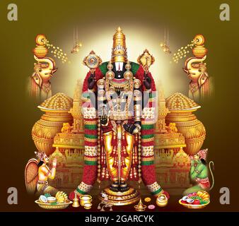 Trending New Hindu God tirupathi, tirupati, Balaji, Sri Venkateswara with  Garuda and Hanuman fine painting art Stock Photo - Alamy