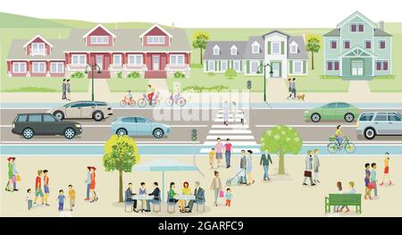 City with houses and traffic, pedestrians on the sidewalk - illustration Stock Vector