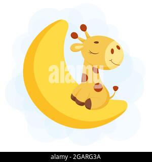 Cute little giraffe sleeping on moon. Funny cartoon character for print, greeting cards, baby shower, invitation, wallpapers, home decor. Bright color Stock Vector