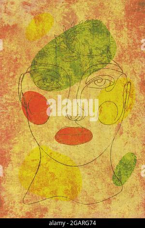 Abstract line art female portrait in profile with tropical leaves ...