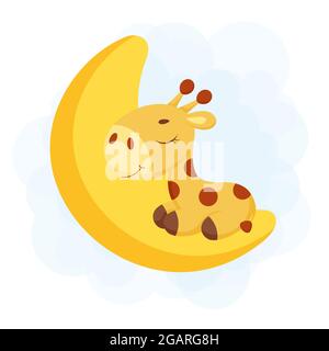 Cute little giraffe sleeping on moon. Funny cartoon character for print, greeting cards, baby shower, invitation, wallpapers, home decor. Bright color Stock Vector