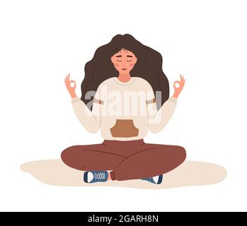 Breath awareness yoga exercise. Woman practicing belly breathing for good relaxation. Meditation for body, mind and emotions. Spiritual practice Stock Vector