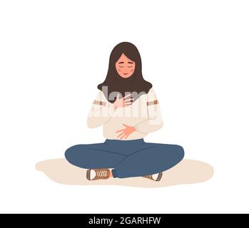 Abdominal breathing. Arab woman practicing belly breathing for relaxation. Breath awareness yoga exercise. Meditation for body, mind and emotions Stock Vector