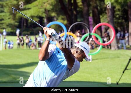 Hideki Matsuyama of Japan hits off the 16th tee during the final round of the Tokyo Olympic men's golf tournament on Aug. 1, 2021, at Kasumigaseki Country Club in Kawagoe, Saitama Prefecture, near Tokyo. (Kyodo)==Kyodo