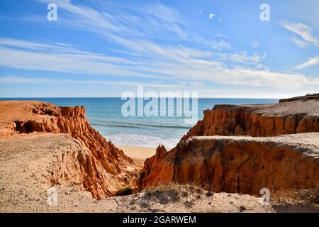The beautiful landscape view of the sea from the rock in Portugal, Algarve