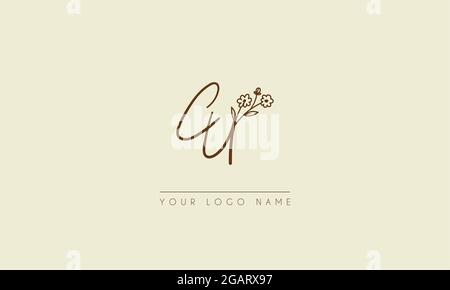 Initial letter CU Or UC  Signature handwritten wedding botanical floral icon logo vector  design  illustration Stock Vector