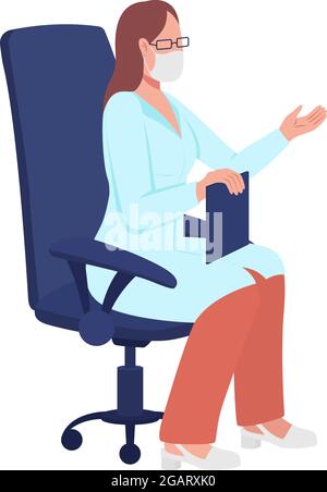Woman doctor with mask sitting on chair semi flat color vector character Stock Vector