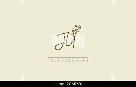 Initial letter JU Or UJ  Signature handwritten wedding botanical floral icon logo vector  design  illustration Stock Vector