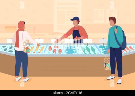 Seafood market flat color vector illustration Stock Vector