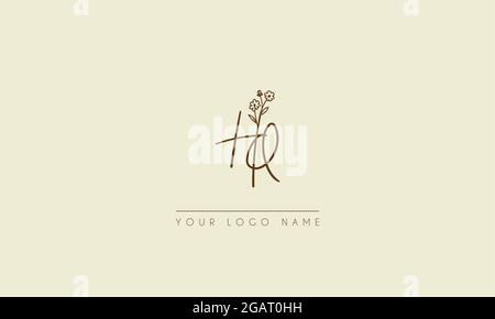 Initial letter HQ Or QH  Signature handwritten wedding botanical floral icon logo vector  design  illustration Stock Vector