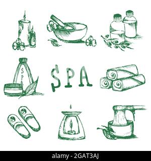 Illustrations set for spa salon. Candles, oils, depilation. Beauty therapy and spa relaxation for wellness vector. Hand drawn set of spa attributes. Stock Vector