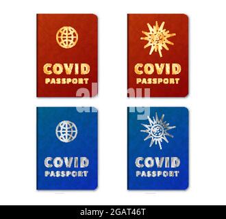 Blue and red realistic COVID passports on white Stock Vector