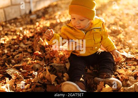 Happy child in a hat and jacket sits on the grass in the park against the background of autumn trees, walking outdoors in the autumn park Stock Photo