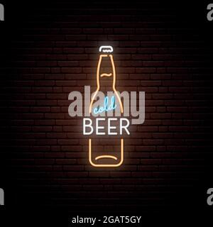 Neon sign of Cold Beer. Neon beer bottles emblem, bright banner. Advertising design. Night light signboard. Vector illustration. Stock Vector