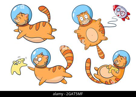 Cosmic Cats Cartoon Illustrations Collection. Set of cute animals astronaut isolated vector illustrations. Cats in space for logo, nursery decor, sticker, print, background, game design Stock Vector