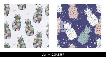 Seamless patterns collection with tropical pineapple fruits, vector illustration. Summer exotic pineapples fruit decorative endless repeatable prints Stock Vector