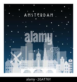 Winter night in Amsterdam. Night city in flat style for banner, poster, illustration, background. Stock Vector