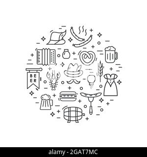 Oktoberfest illustration made in line style vector. Includes the icons of the sausages, beer, pretzel, accordion, hat, spike, hot dog, beer keg, cance Stock Vector