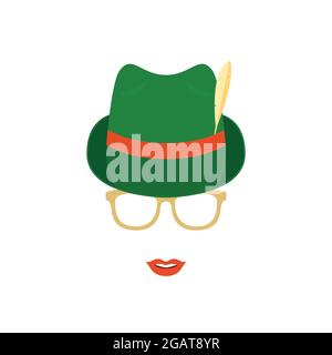Cute girl in glasses and green traditional german hat. Woman vector illustration isolated on white background. Stock Vector