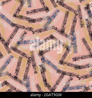 Abstract vector gauze brush effect rectangles seamless pattern background. Backdrop of scattered pink black painterly striped shapes with spliced Stock Vector