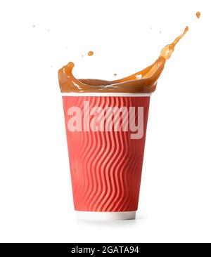 Cup with coffee splash on white background Stock Photo