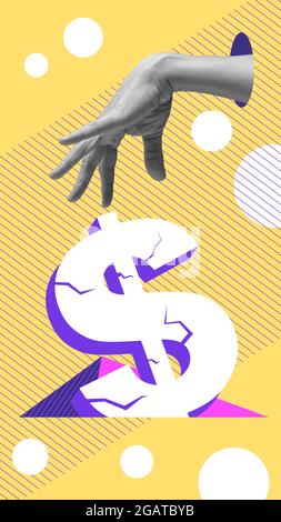 Contemporary surreal illustration. Modern conceptual art collage with a hand throwing a broken dollar symbol into a hole. Stock Photo