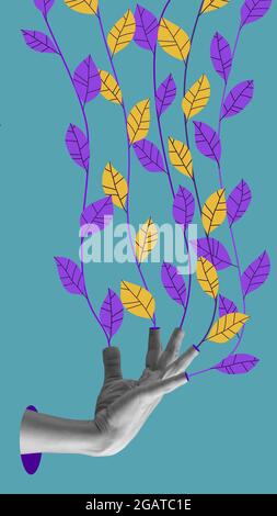 Contemporary surreal illustration. Modern conceptual art collage with the plant growing from fingers. Stock Photo