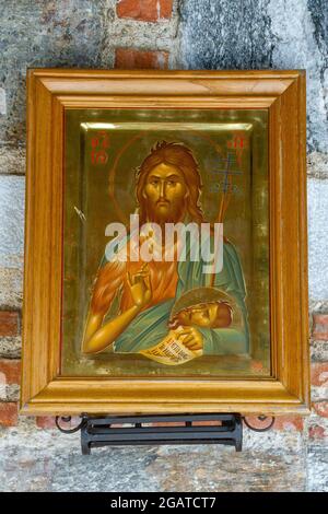 Akritochori, Greece, July 12, 2021. Orthodox icon, Saint John the Baptist, prophet, preacher and martyr, Monastery of Timios Prodromos in Akritochori Stock Photo