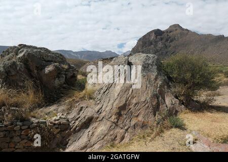 Colca Canyon in Peru mountain mountains rock rocks rocky landscape wall stone built view views grass burnt trees tree landscape old range walls views Stock Photo