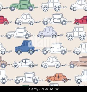 Seamless pattern with retro cars in a cartoon doodle style. Horizontal pattern for children's fabrics in soft harmonious colors. Vector illustration. Stock Vector