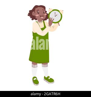 An African American schoolgirl in a green sundress holds an alarm clock in her hands. Concept Welcome back to school. Vector illustration in flat cart Stock Vector